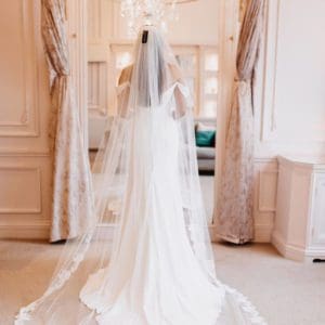 This gorgeous bestselling single tier veil is in a classic Tulle with Alicia Lace all around the hem. Click to shop now.